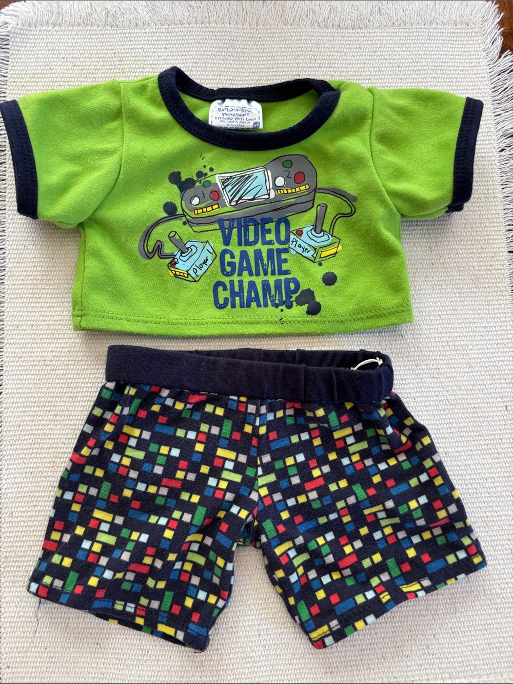 Build-A-Bear Bright Green Tee with Navy Trim and Game Controller Print